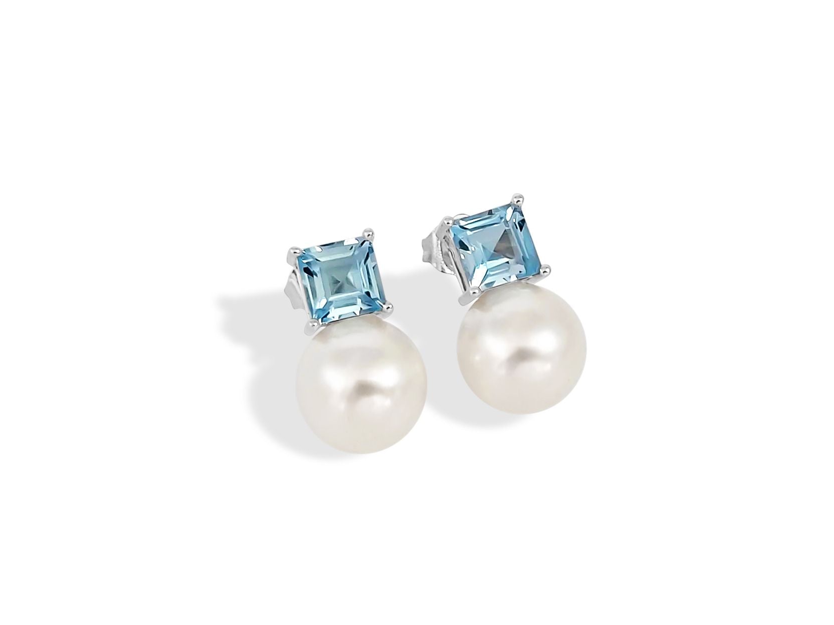 Cultured Pearls and Blue Topaz Earrings in White Gold 9K - MIMUKA