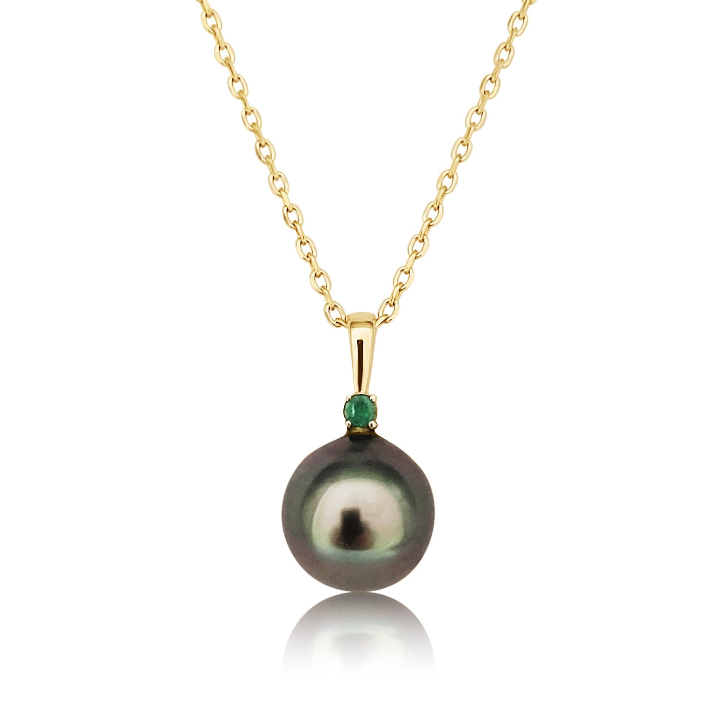 Tahiti Pearl, Emerald Precious Stone 9K Yellow Gold Pendant Necklace - MIMUKA